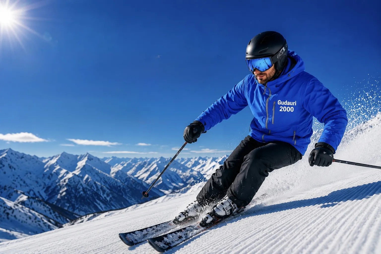 Skier laying over a hard carve with snow spraying off the edges